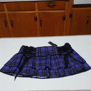 Dolls Kill Widow Purple & Black Plaid Tiered Pleated Mini Skirt w/ Lacing 2X